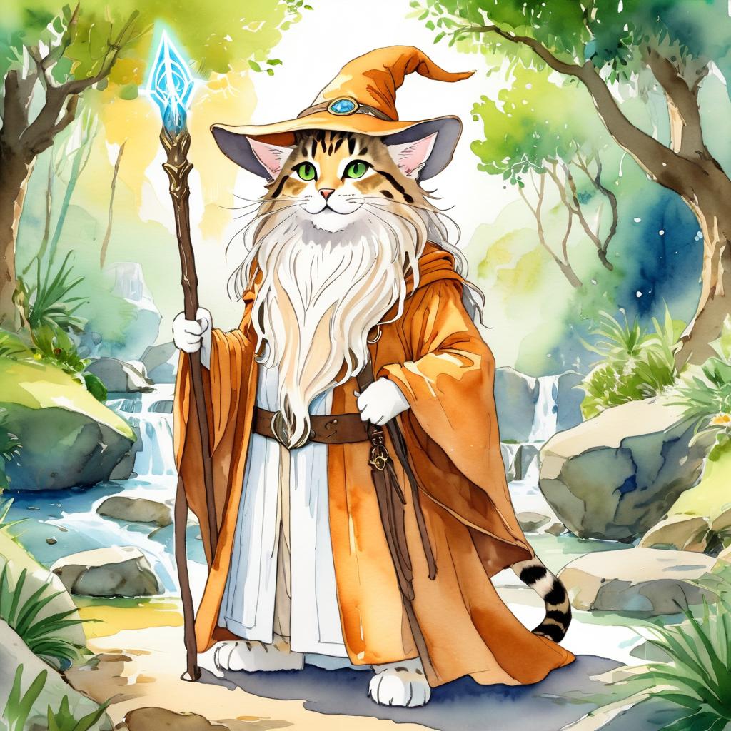 watercolor painting of savannah cat as gandalf, featuring a white beard and a vibrant fantasy setting.