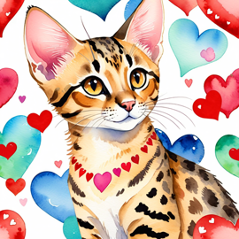 watercolor painting of savannah cat with hearts, capturing a lovely, cute, and happy expression in vibrant, detailed style.