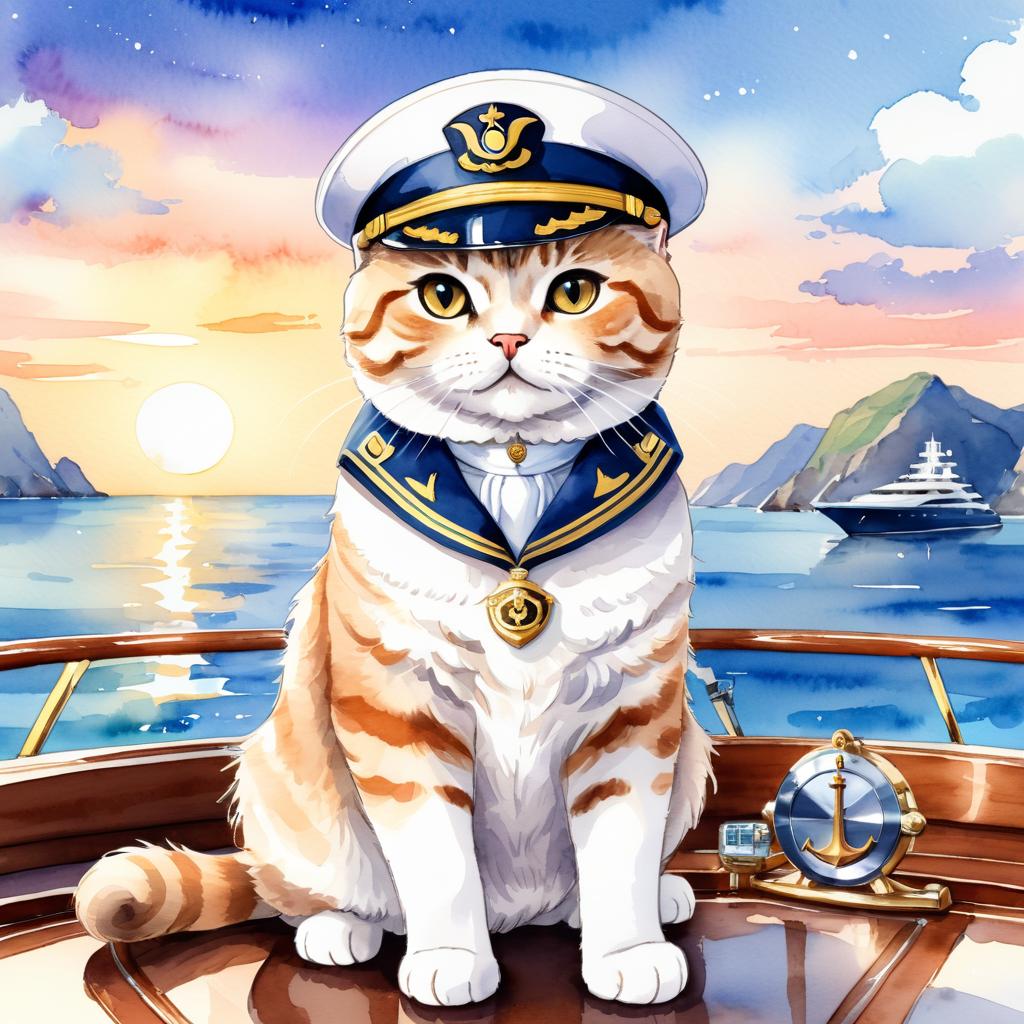 watercolor painting of scottish fold cat as a captain on a luxury yacht, wearing captain uniform, vibrant and detailed.