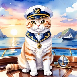 watercolor painting of scottish fold cat as a captain on a luxury yacht, wearing captain uniform, vibrant and detailed.