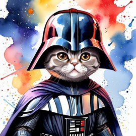 watercolor painting of scottish fold cat as darth vader from star wars, dressed as darth vader in a vibrant star wars scene.