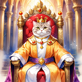 watercolor painting of scottish fold cat as a king in a magical castle, wearing a crown and robe, seated on a throne.