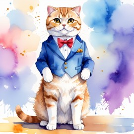 watercolor painting of scottish fold cat in a classy suit on a fashion stage, capturing elegance and charm in a vibrant, highly detailed illustration.