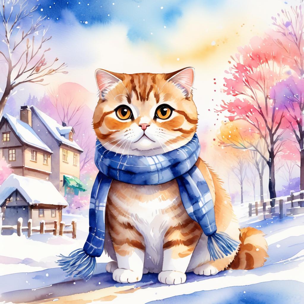 watercolor painting of scottish fold cat in a beautiful winter scene, wearing stylish winter clothing, looking cute and happy.