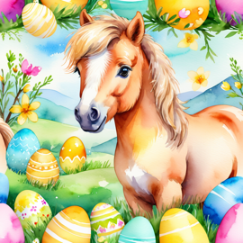 watercolor painting of shetland pony horse in a vibrant easter scene with colorful eggs, highly detailed and joyful.