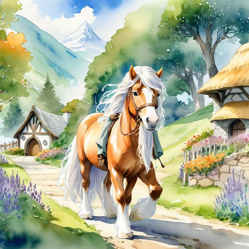 watercolor painting of shetland pony horse as gandalf, featuring a white beard and a vibrant fantasy setting.