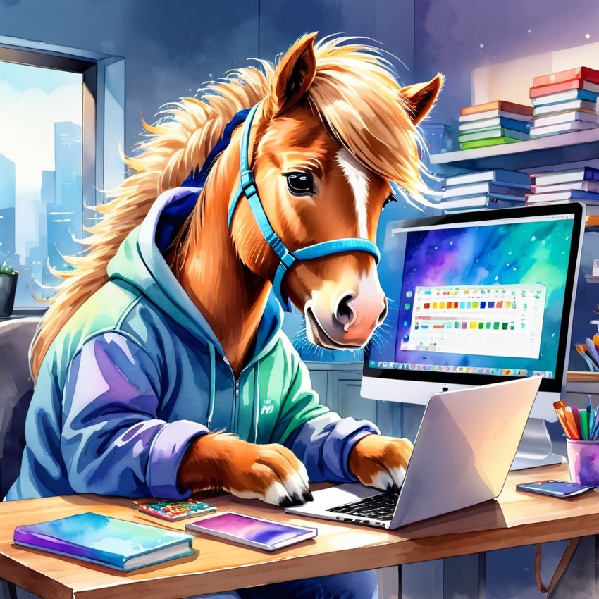 watercolor illustration of shetland pony horse as a programmer, working on a laptop in a hoodie, capturing a cute and vibrant scene.