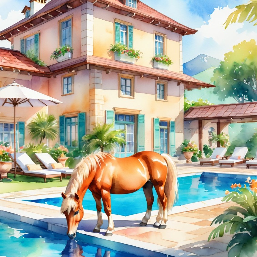 watercolor illustration of shetland pony horse suntanning next to a luxurious villa pool, capturing a posh and vibrant scene.