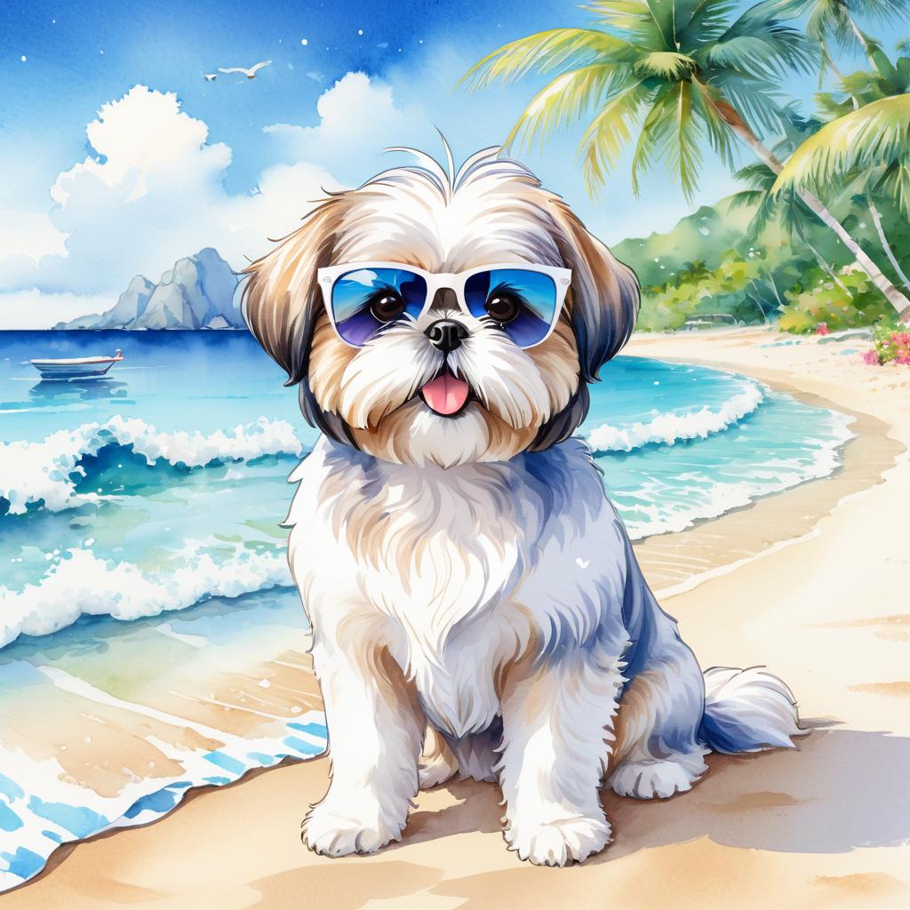 watercolor painting of shih tzu on a beach with white sand and blue sea, wearing sunglasses.