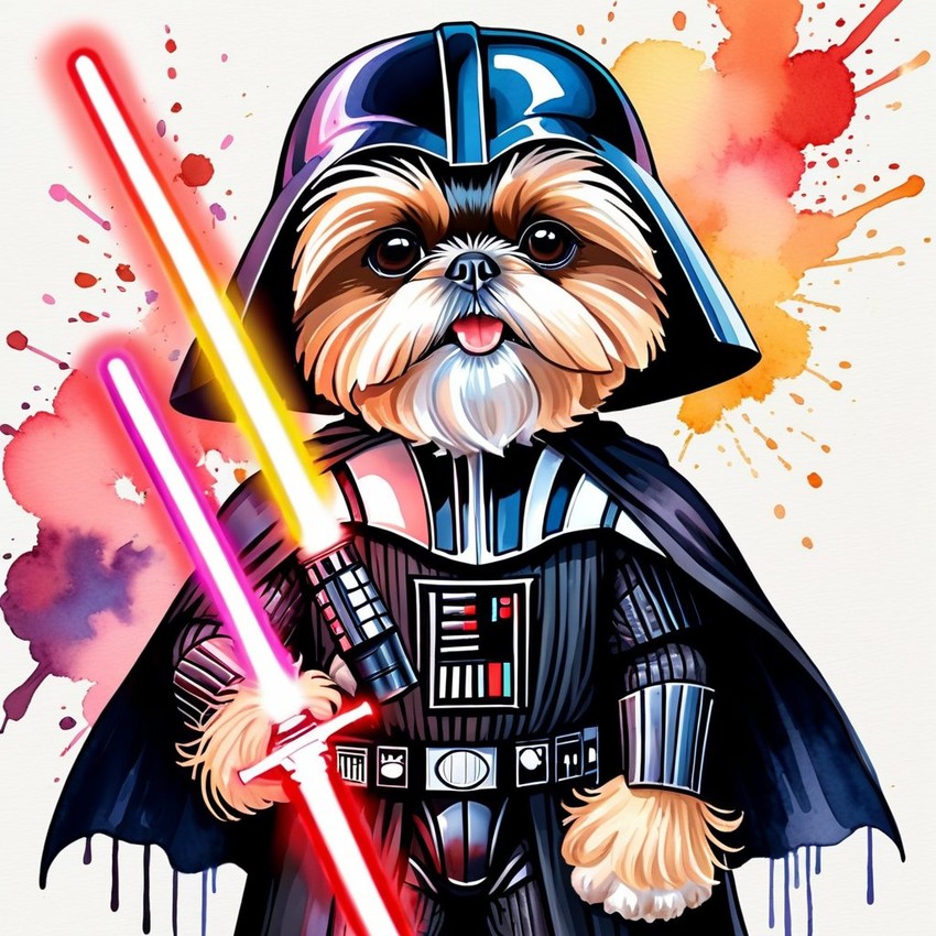 watercolor painting of shih tzu as darth vader from star wars, dressed as darth vader in a vibrant star wars scene.