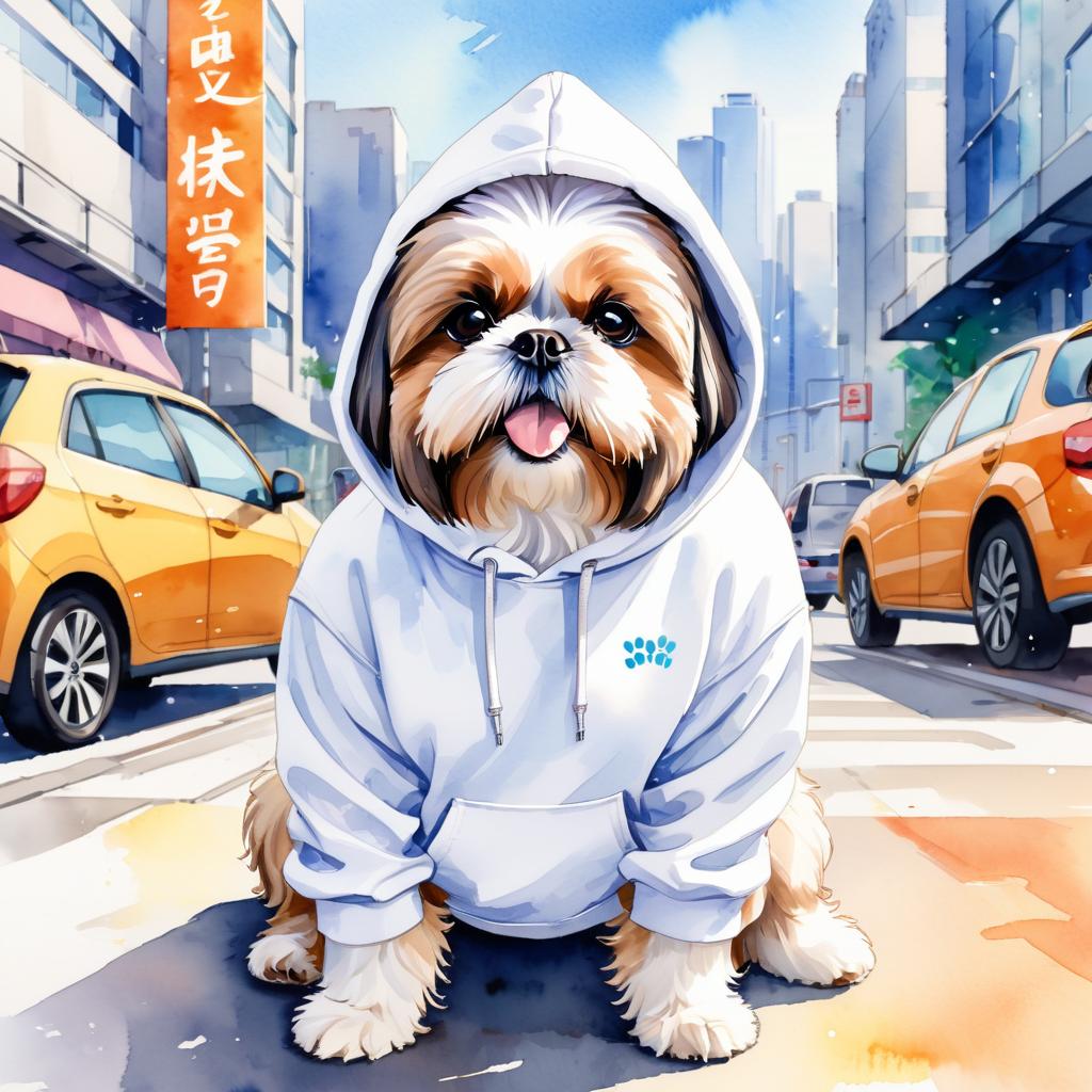 watercolor painting of shih tzu in a white hoodie, featuring a vibrant and detailed urban scene with a happy and cute look.