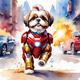 watercolor painting of shih tzu as iron man, featuring a vibrant and detailed iron man costume in an artistic style.