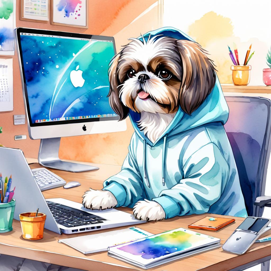 watercolor illustration of shih tzu as a programmer, working on a laptop in a hoodie, capturing a cute and vibrant scene.