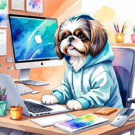 watercolor illustration of shih tzu as a programmer, working on a laptop in a hoodie, capturing a cute and vibrant scene.