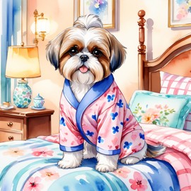 watercolor illustration of shih tzu in cute pyjamas, relaxing in a posh bedroom, capturing a vibrant and happy scene.