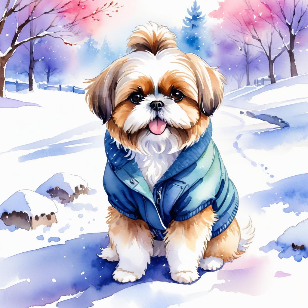 watercolor painting of shih tzu in a beautiful winter scene, wearing stylish winter clothing, looking cute and happy.