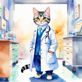 watercolor painting of american shorthair cat as a doctor in a hospital, vibrant and highly detailed, in a studio anime style.