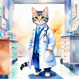 watercolor painting of american shorthair cat as a doctor in a hospital, vibrant and highly detailed, in a studio anime style.