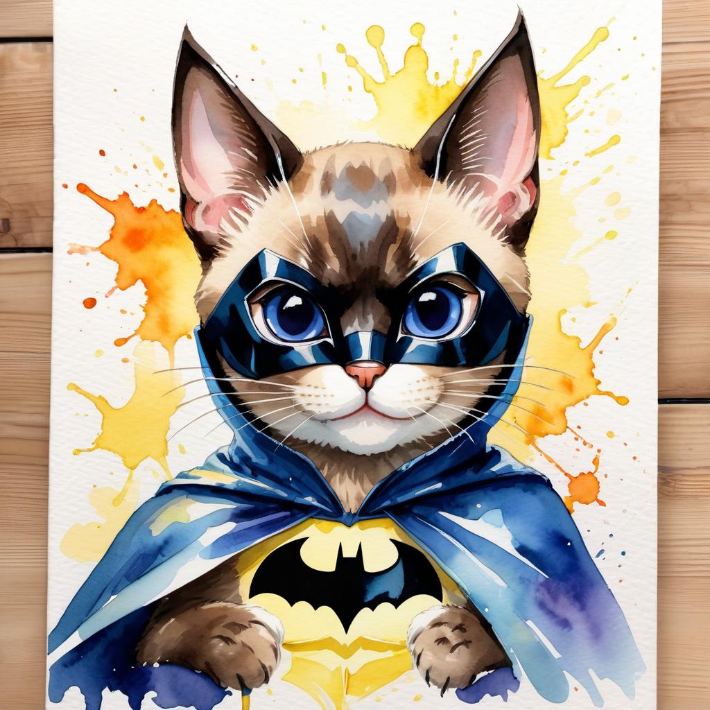 watercolor painting of siamese cat as batman, wearing batman suit and mask, vibrant and detailed.