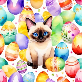 watercolor painting of siamese cat in a vibrant easter scene with colorful eggs, highly detailed and joyful.