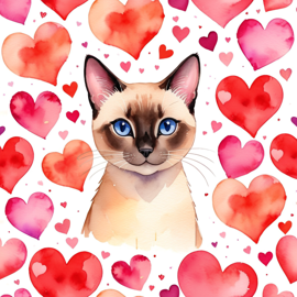 watercolor painting of siamese cat with hearts, capturing a lovely, cute, and happy expression in vibrant, detailed style.