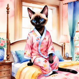 watercolor illustration of siamese cat in cute pyjamas, relaxing in a posh bedroom, capturing a vibrant and happy scene.