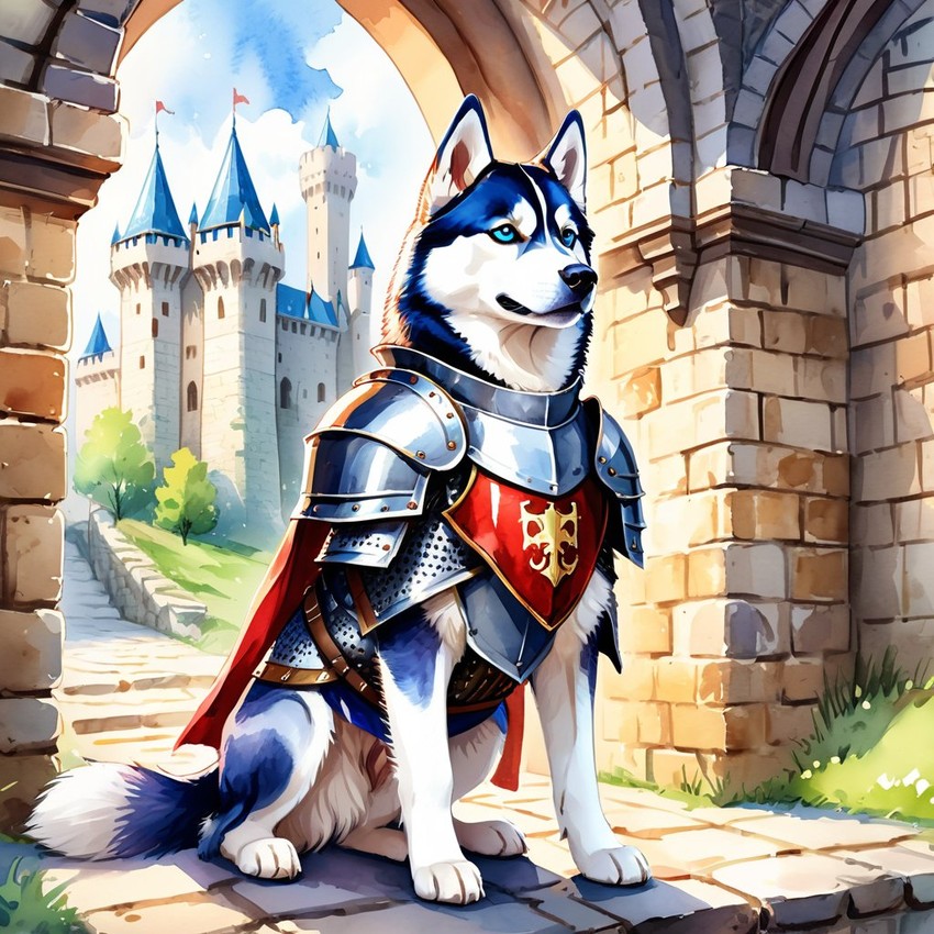 watercolor painting of siberian husky as a medieval knight in a vibrant, detailed castle scene.