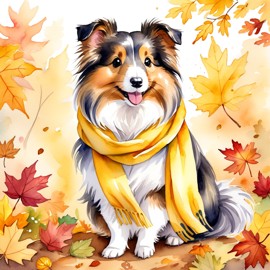 watercolor painting of silkie (sheltie) guinea pig in autumn, wearing a yellow scarf, vibrant and detailed.