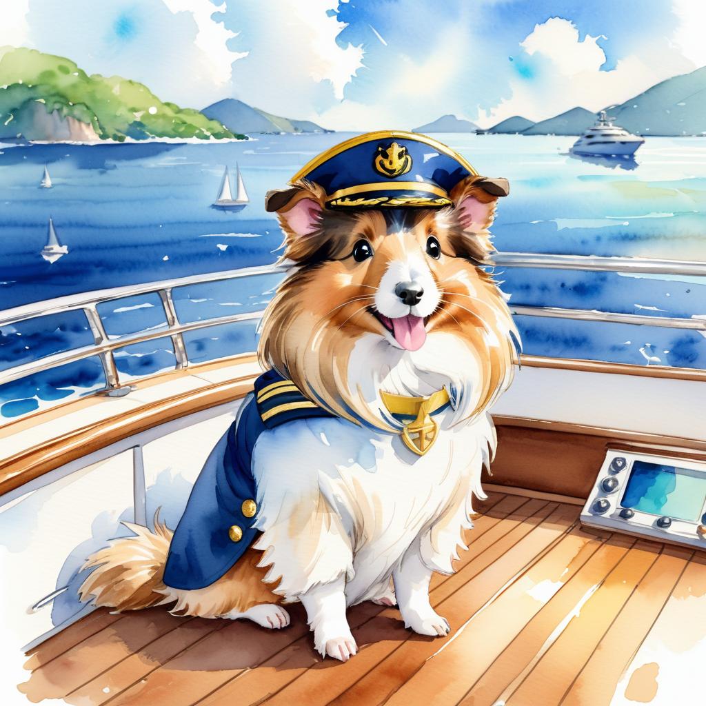 watercolor painting of silkie (sheltie) guinea pig as a captain on a luxury yacht, wearing captain uniform, vibrant and detailed.