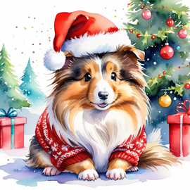 watercolor painting of silkie (sheltie) guinea pig in a christmas sweater and santa hat, festive and vibrant.