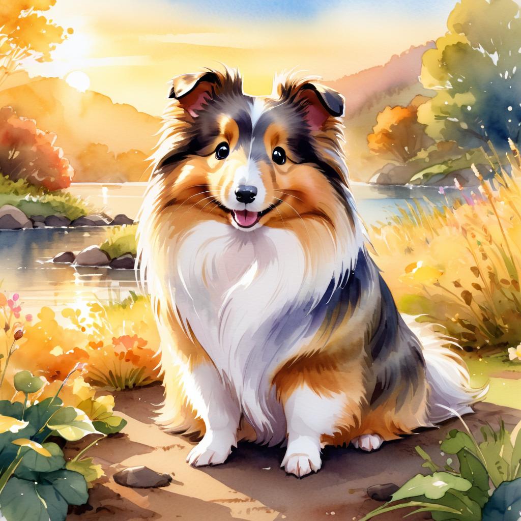 watercolor painting of silkie (sheltie) guinea pig in golden hour light, showcasing vibrant colors and a happy nature scene in a highly detailed illustration.