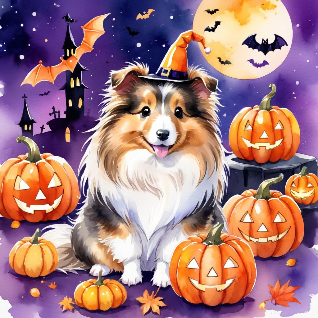 watercolor illustration of silkie (sheltie) guinea pig in a halloween costume with a vibrant and festive atmosphere surrounded by pumpkins.