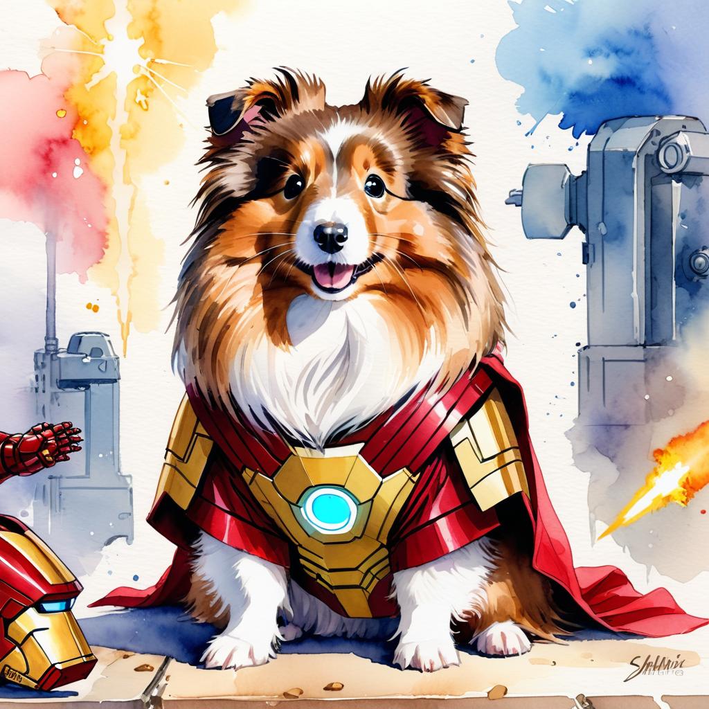 watercolor painting of silkie (sheltie) guinea pig as iron man, featuring a vibrant and detailed iron man costume in an artistic style.