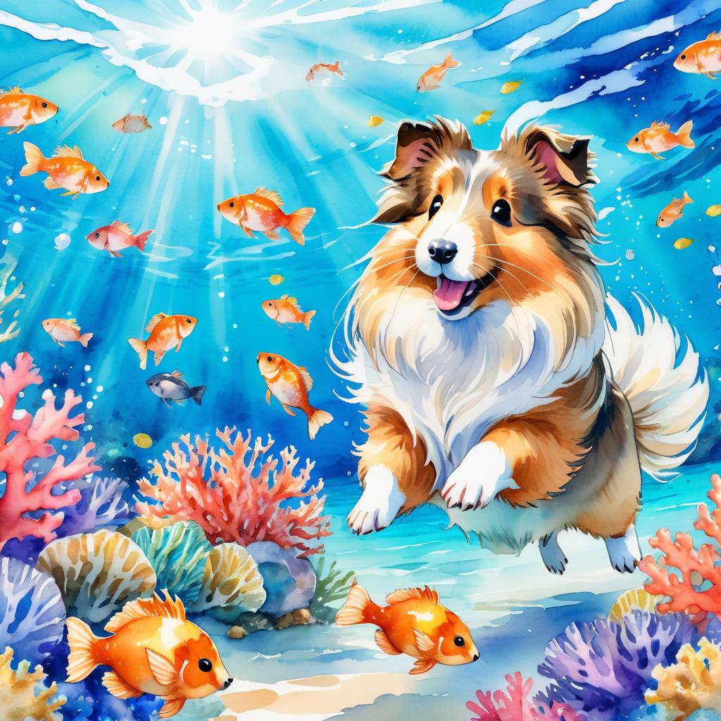 watercolor painting of silkie (sheltie) guinea pig swimming in a beautiful blue ocean with colorful fish and coral reef, capturing a happy and vibrant underwater scene.