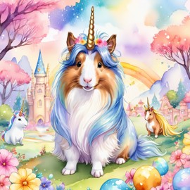 watercolor painting of silkie (sheltie) guinea pig as a unicorn in a vibrant fairytale setting, capturing a cute and happy scene with detailed illustration.