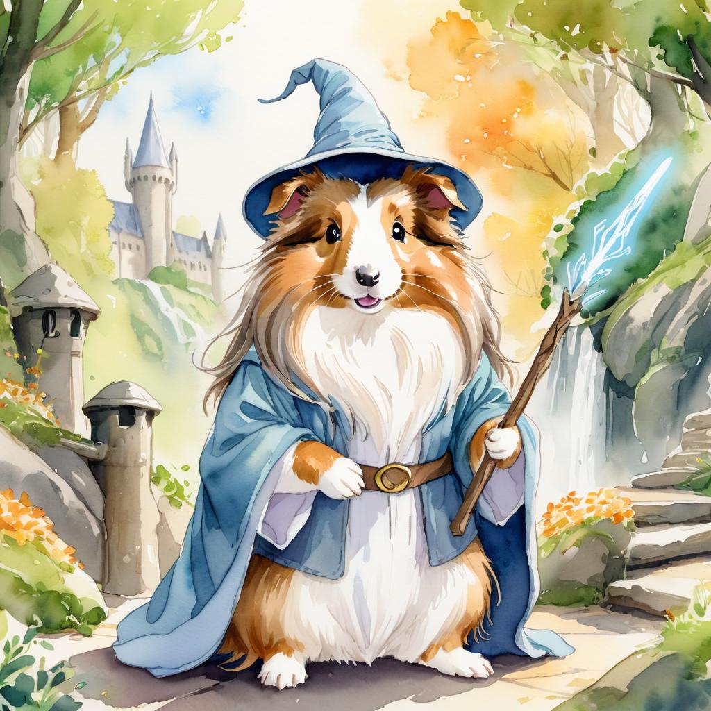 watercolor painting of silkie (sheltie) guinea pig as gandalf, featuring a white beard and a vibrant fantasy setting.