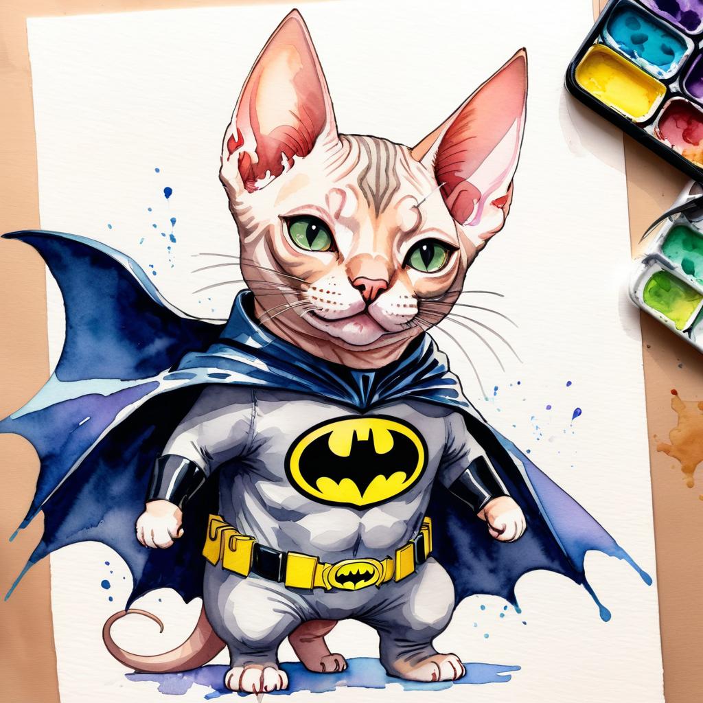 watercolor painting of sphynx cat as batman, wearing batman suit and mask, vibrant and detailed.