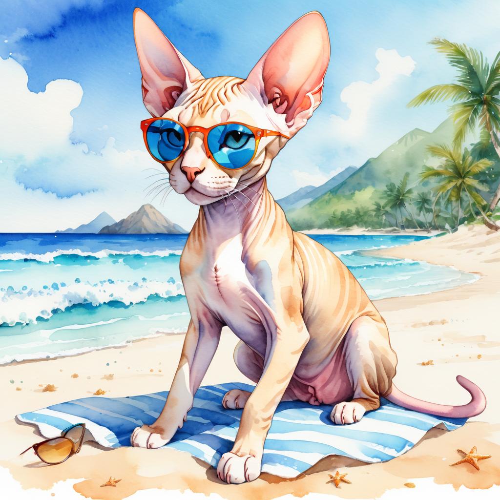 watercolor painting of sphynx cat on a beach with white sand and blue sea, wearing sunglasses.