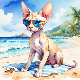 watercolor painting of sphynx cat on a beach with white sand and blue sea, wearing sunglasses.