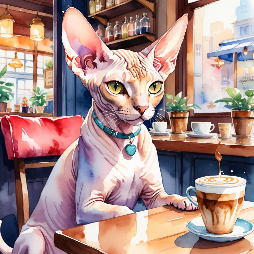 watercolor painting of sphynx cat sitting in a cozy coffee shop, vibrant and detailed.