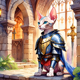 watercolor painting of sphynx cat as a medieval knight in a vibrant, detailed castle scene.