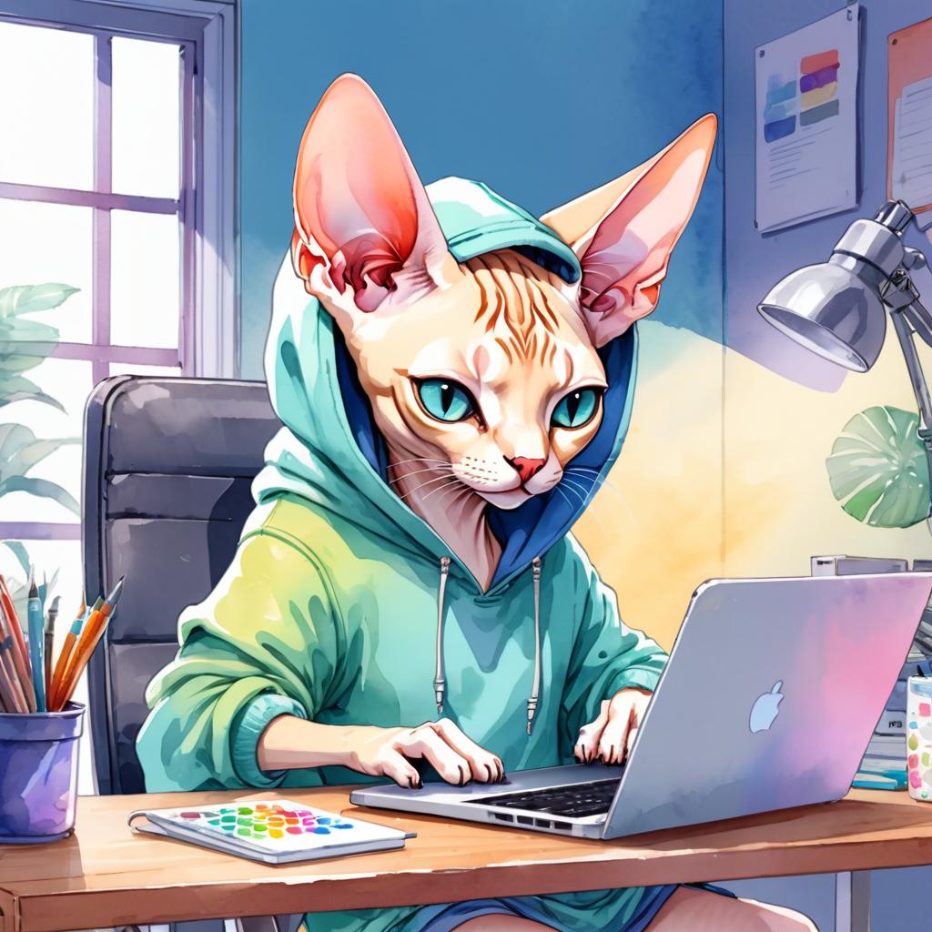 watercolor illustration of sphynx cat as a programmer, working on a laptop in a hoodie, capturing a cute and vibrant scene.