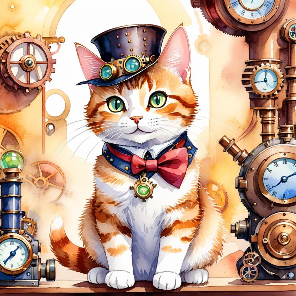 watercolor painting of domestic shorthair cat in a steampunk style, vibrant and happy, highly detailed with anime influences.