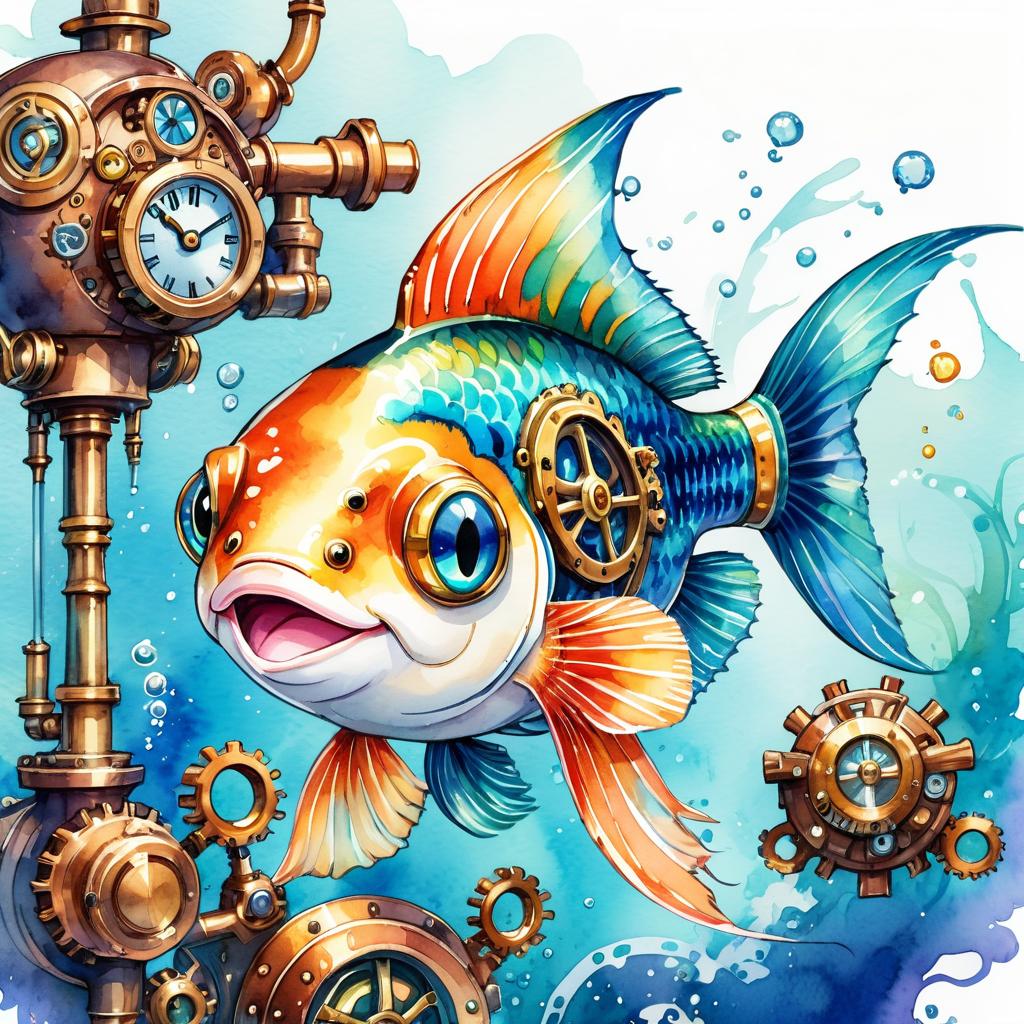 watercolor painting of guppy fish in a steampunk style, vibrant and happy, highly detailed with anime influences.