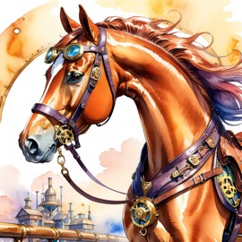 watercolor painting of thoroughbred horse in a steampunk style, vibrant and happy, highly detailed with anime influences.