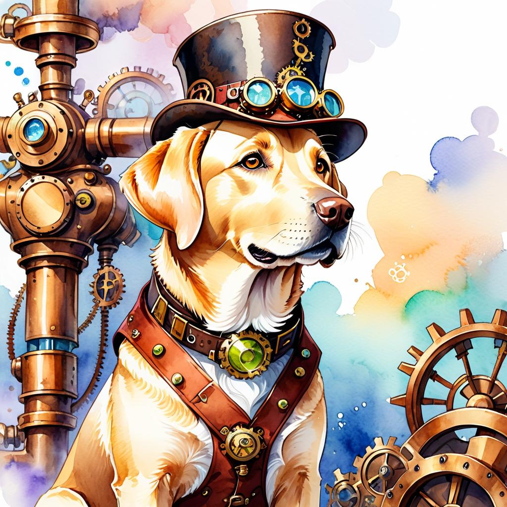 watercolor painting of labrador retriever in a steampunk style, vibrant and happy, highly detailed with anime influences.