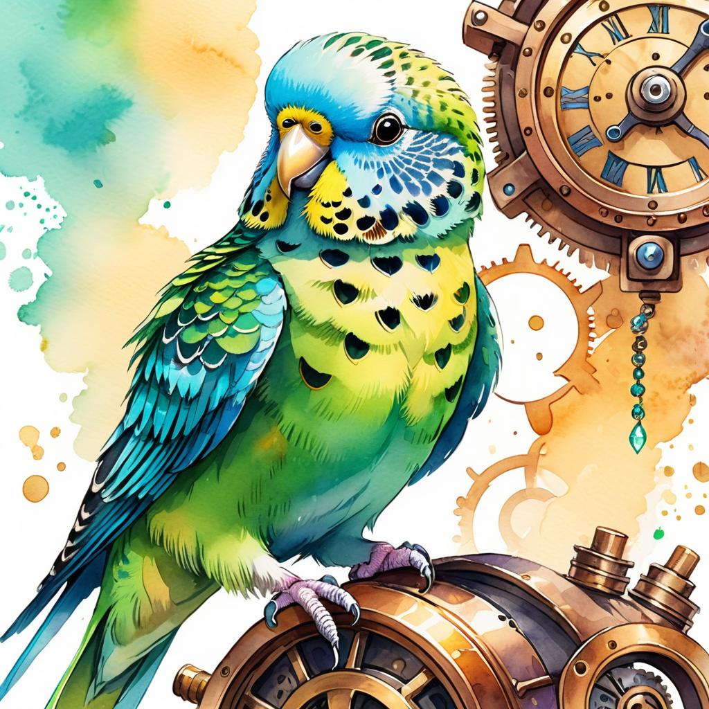 watercolor painting of parakeet (budgerigar) bird in a steampunk style, vibrant and happy, highly detailed with anime influences.