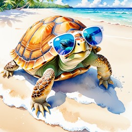 watercolor painting of sulcata tortoise turtle/tortoise on a beach with white sand and blue sea, wearing sunglasses.