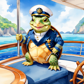 watercolor painting of sulcata tortoise turtle/tortoise as a captain on a luxury yacht, wearing captain uniform, vibrant and detailed.