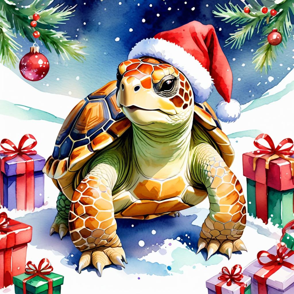 watercolor painting of sulcata tortoise turtle/tortoise in a christmas sweater and santa hat, festive and vibrant.